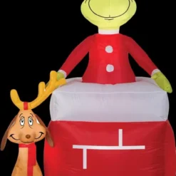 Morris Airblown Grinch Out Of Chimney With Max Medume Inflatable Scene - Dr. Seuss