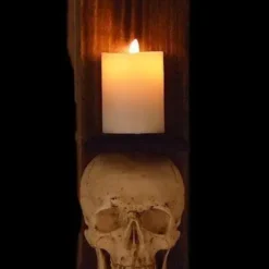 Skeletons And More "Classic Skull Wall Sconce Style II W/ Ivory Flameless Candle" Haunted House Lighting