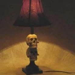 Skeletons And More "Desk Lamp With 2 Mini-Skulls And Antique Shade" Haunted House Lighting -The Horror Dome Store desk lamp with 2 mini skulls and antique shade haunted house lighting 23696427969