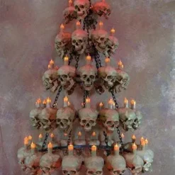 Skeletons And More "Five-Tiered Life-Size Skull Chandelier With 60 Skulls" Haunted House Lighting -The Horror Dome Store five tiered life size skull chandelier with 60 skulls haunted house lighting 23696488385