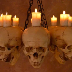 Skeletons And More "Skull Chandelier With 8 Skulls And Flameless Candles" Haunted House Lighting -The Horror Dome Store skull chandelier with 8 skulls and flameless candles haunted house lighting 23696522817
