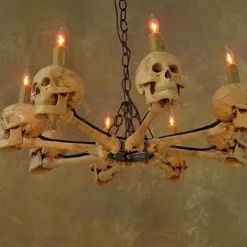 Skeletons And More "Wagon Wheel Skull Chandelier" Haunted House Lighting -The Horror Dome Store wagon wheel skull chandelier haunted house lighting 23613683457
