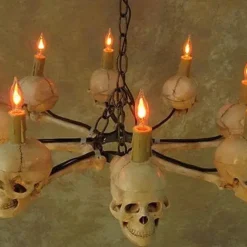 Skeletons And More "Wagon Wheel Skull Chandelier" Haunted House Lighting -The Horror Dome Store wagon wheel skull chandelier haunted house lighting 23613684737