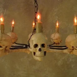 Skeletons And More "Wagon Wheel Skull Chandelier" Haunted House Lighting -The Horror Dome Store wagon wheel skull chandelier haunted house lighting 23613686401